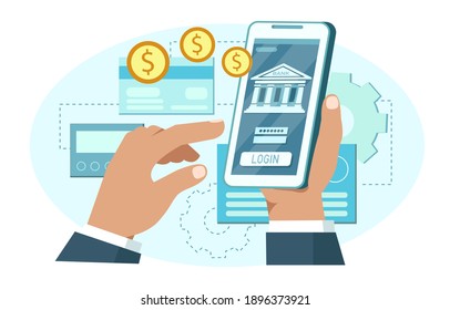 Hand holding smartphone screen with bank, money, credit cards. People using mobile gadget for online banking and accounting. Vector flat illustration. Design for online banking, finance, technology.