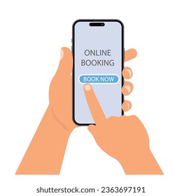 Hand holding smartphone with screen and book now button. Flat design illustration of online booking mobile application. Vector.