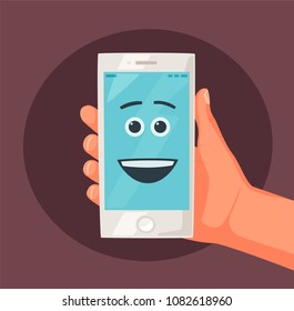 Hand holding smartphone. Screen with face. Vector cartoon illustration. New mobile phone