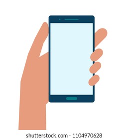 Hand holding smartphone with screen isolated on the background. Color isolated phone with hand icon. Flat vector illustration. Vector mobile symbol for web