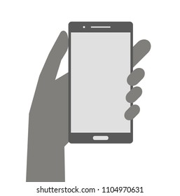 Hand holding smartphone with screen isolated on the background. Black isolated phone with hand icon. Flat vector illustration. Vector mobile symbol for web