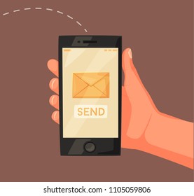 Hand holding smartphone. Screen with message. Vector cartoon illustration. New mobile phone