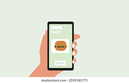 hand holding smartphone with screen of online food store and ordering  hamburger with an application for ordering food at home.