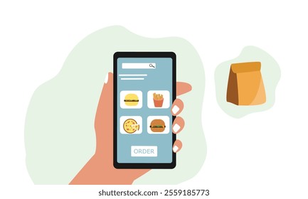 hand holding smartphone with screen of online food store and ordering  hamburger, pizza and french fries  with an application for ordering food at home.