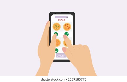 hand holding smartphone with screen of online food store and ordering  pizza with an application for ordering food at home.