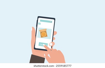 hand holding smartphone with screen of online food store and ordering  pizza with an application for ordering food at home.