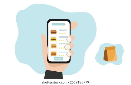 hand holding smartphone with screen of online food store and ordering  hamburger with an application for ordering food at home.
