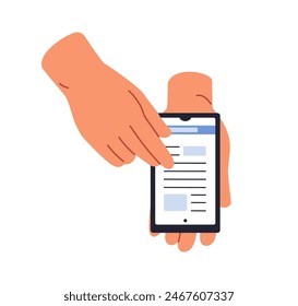 Hand holding smartphone, scrolling, reading. Finger on mobile phone screen with news article, online media. Internet information on cell display. Flat vector illustration isolated on white background