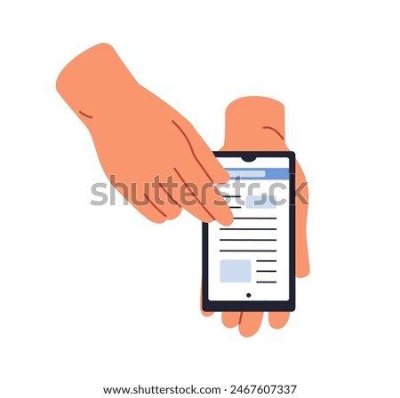 Hand holding smartphone, scrolling, reading. Finger on mobile phone screen with news article, online media. Internet information on cell display. Flat vector illustration isolated on white background