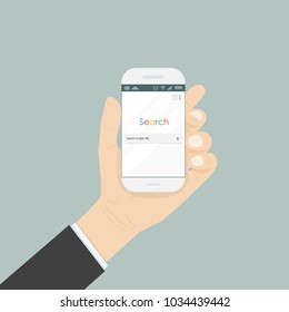 Hand holding smartphone and search browser window on the screen isolated on the background.Browser search.Internet search engine browser window.Flat vector illustration