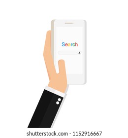 Hand holding smartphone with search browser window on the screen