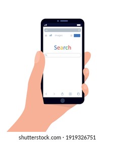 Hand holding smartphone with search browser window on the screen. Web search. Tab. Flat vector illustration