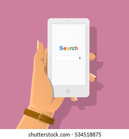 Hand holding smartphone with search browser window on the screen isolated on the background. Flat vector illustration