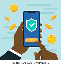 Hand, die Smartphone hält. Sicheres Pay-Konzept.Mobile Zahlung über Internet-Anwendung. Flache Vektorgrafik.
