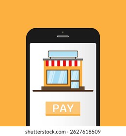 Mano que sostiene el smartphone. Concepto de pago seguro. Pago móvil a través de la aplicación de Internet. Ilustración vectorial plana.