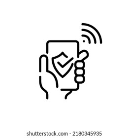 Hand holding a smartphone with secure wifi connection. Pixel perfect, editable stroke line icon