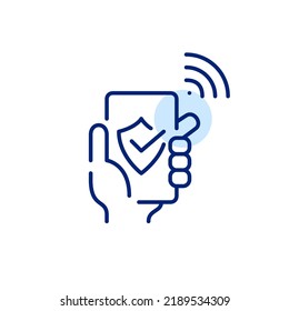 Hand halten Sie ein Smartphone mit sicherer WLAN-Verbindung. Pixel perfektes, bearbeitbares Strichzeilensymbol