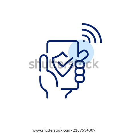 Hand holding a smartphone with secure wifi connection. Pixel perfect, editable stroke line art icon