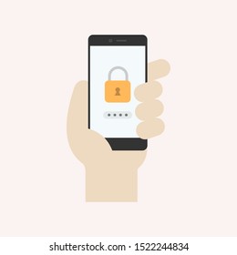Hand holding smartphone with security app. Mobile security concept. Flat design vector illustration.