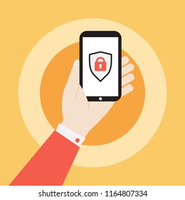 hand holding smartphone with security icon vector illustration