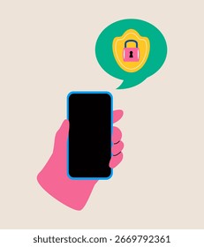 Hand haltendes Smartphone mit Sicherheitsmaßnahmen. Farbige Vektorgrafik
