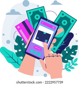 Hand Holding Smartphone for Select Goods and Make Payment Flat Illustration