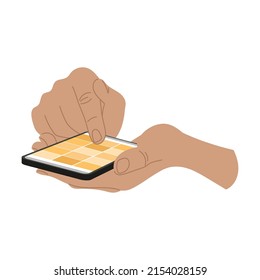 Hand holding smartphone and selects an image from phone gallery, using mobile apps. Cartoon vector illustration of person showing phone