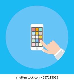 Hand holding smartphone and selects the necessary application. Using mobile smart phone similar to smart phone. Flat vector illustration.