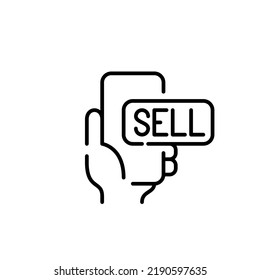 Hand holding smartphone with sell button. Pixel perfect, editable stroke line icon