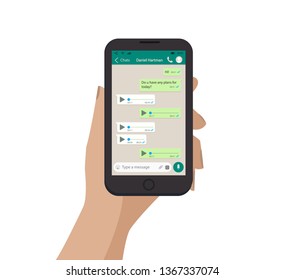 Hand holding smartphone and send message. Voice chat. Isolated. Vector