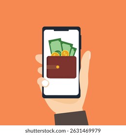 Hand holding smartphone send money via smartphone. Internet mobile banking transaction  wallet and money. Online payment through smartphone. Digital payment concept vector illustration.