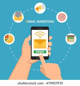 Hand holding smartphone with sending mail on the screen. Email marketing concept and icons set. Flat vector illustration.