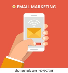 Hand holding smartphone with sending mail on the screen. Email marketing concept. Flat vector illustration.