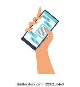 Hand holding smartphone and sending messages. Cartoon vector illustration. People using online app. Mobile, Internet, technology concept