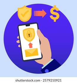 Hand holding smartphone sending secure payment, ensuring transaction safety and financial security in online business