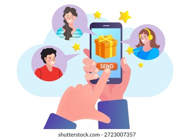 Mano que sostiene el smartphone que envía la recompensa virtual de la caja de regalo a la gente feliz en línea. Programa de fidelización de Clientes, bono de Recomendación y concepto de sorteo de marketing digital.   Ilustración vectorial de un usuario que utiliza un App móvil para enviar un regalo digital a sus amigos. Concepto de recompensa en línea, puntos de canje, sorteo en redes sociales y regalo sorpresa.