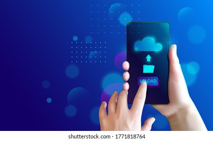 Mano con smartphone y envía archivos al almacenamiento en la nube. Ilustración vectorial. Servicios de datos en la nube.