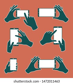 Hand holding a smartphone. Set of vector colored icons. Vector illustration