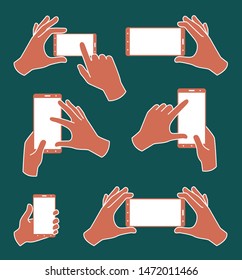 Hand holding a smartphone. Set of vector colored icons. Vector illustration