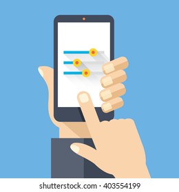 Hand holding smartphone with settings screen. Modern concept for web banners, web sites, printed materials, infographics. Flat design vector illustration