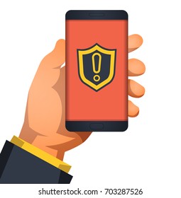  Hand holding smartphone and shield warning sign, caution sign. Vector illustration in flat style.