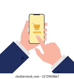 Hand holding smartphone with Shop button on screen. Concept of online shopping mobile application. Flat design vector illustration
