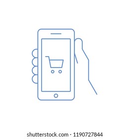 Hand holding smartphone with shop cart icon, mobile shopping