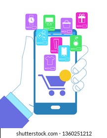 Hand Holding Smartphone with Shopcart and Different Mobile Application Icons for Online Shopping on White Background. Trolley Full of Purchases Bought on Discount. Sale. Flat Vector Illustration.