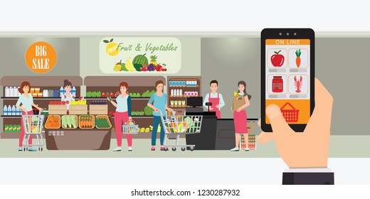 Mano sosteniendo smartphone con aplicación de compra, tienda interior, pedido de Internet de entrega de compras, concepto de supermercado en línea ilustración Vector.