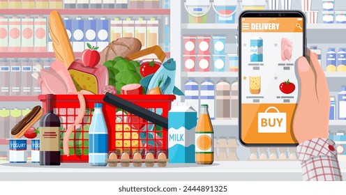 Hand holding smartphone with shopping app. Grocery store delivery. Internet order. Online supermaket. Shopping basket with food and drinks. Milk, vegetables, meat, cheese. Flat vector illustration