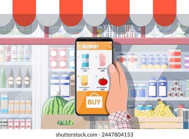 Hand holding smartphone with shopping app. Grocery store delivery. Internet order. Online supermaket. Shop interior with food and drinks. Milk, vegetables, meat, cheese. Flat vector illustration