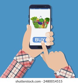 Handhaltendes Smartphone mit Einkaufstasche voll mit verschiedenen gesunden Lebensmitteln. Lebensmittellieferung. Internet-Bestellung. Online-Supermarkt. Vektorillustration im flachen Stil