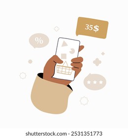 Hand holding smartphone with shopping cart and price in flat vector illustration symbolizing mobile shopping, digital transactions, and price checking, isolated on white background.
