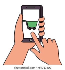 hand holding smartphone shopping cart online market